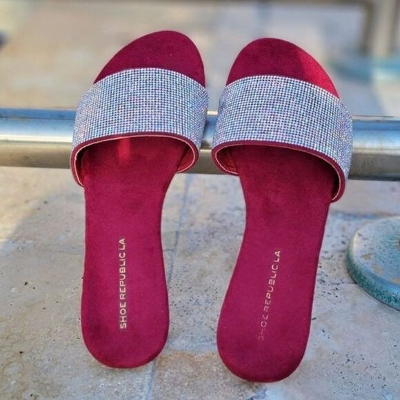 Women's Rhinestone Flats Sandals Wine Color - Picture 2 of 4